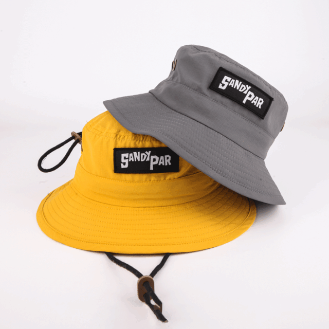 brim bucket hat with woven patch