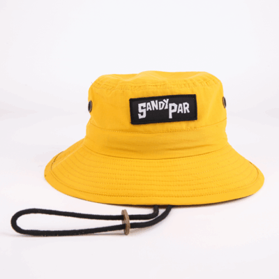brim bucket hat with woven patch