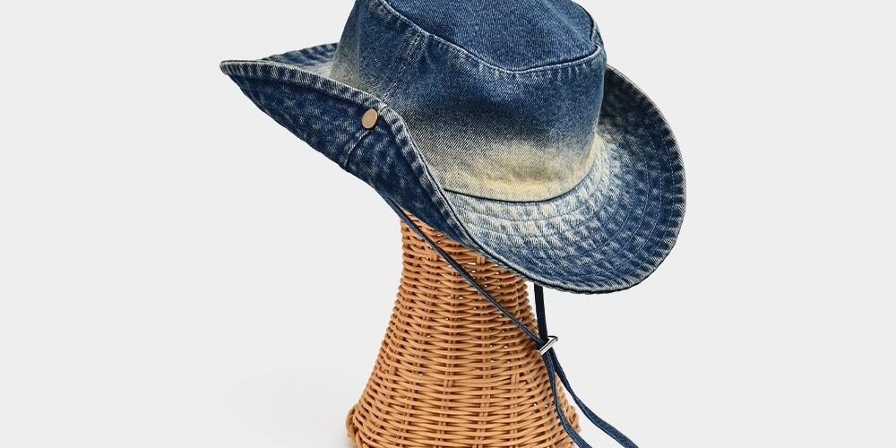 Washed Cotton Denim Bucket Hat with Custom Embroidery for Sun Protection (4) Foldable windproof bucket hat